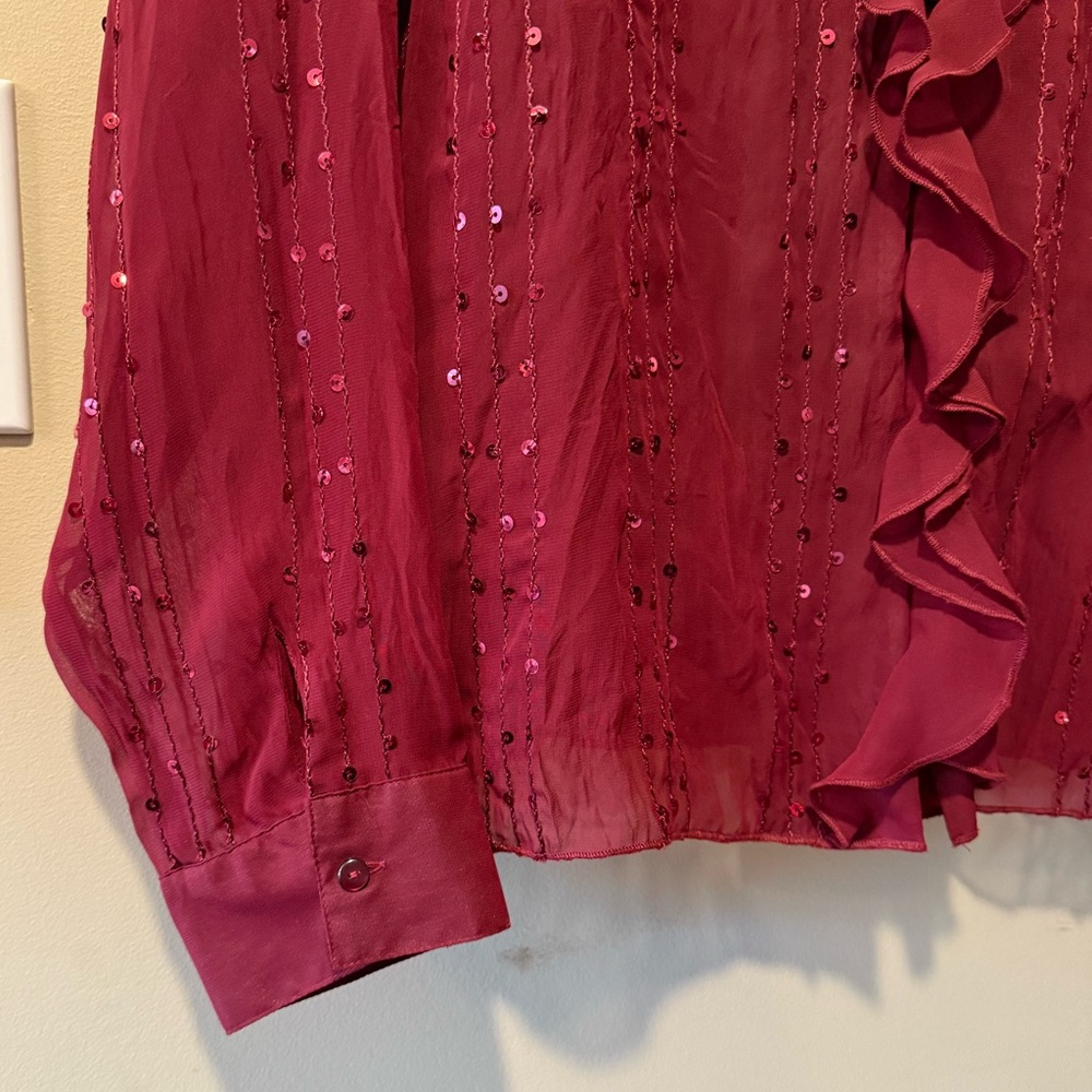Reitmans Burgundy Sheer Sparkly Top with Ruffles & Sequin Embellishment - Picture 10 of 13